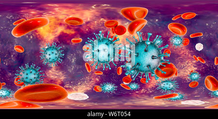 Human cytomegalovirus (HCMV) in blood, 360-degree panorama view, computer illustration. HCMV is a member of the herpesvirus family. It has a high infection rate and is a major cause of disease in vulnerable newborns and immunocompromised patients, but does not typically cause disease in healthy adults. Stock Photo