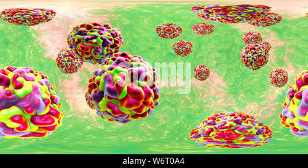Rhinoviruses, 360-degree panorama view, computer illustration. The rhinovirus infects the upper respiratory tract and is the cause of the common cold. It is spread by coughs and sneezes. Stock Photo