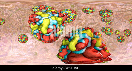 Rhinoviruses, 360-degree panorama view, computer illustration. The rhinovirus infects the upper respiratory tract and is the cause of the common cold. It is spread by coughs and sneezes. Stock Photo
