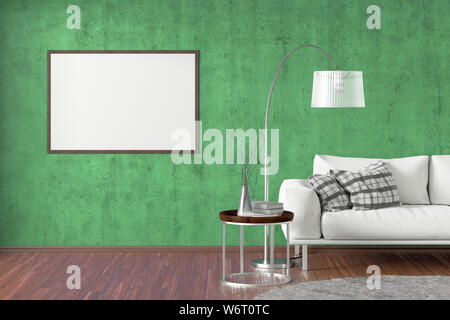 Blank horizontal poster on green concrete wall in interior of living room with white leather couch, carpet, floor lamp and coffee table on hardwood fl Stock Photo