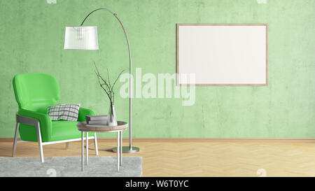 Blank horizontal poster on green wall in interior of living room with leather armchair, carpet, floor lamp and coffee table on hardwood flooring. 3d i Stock Photo