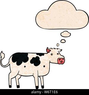 cartoon cow with thought bubble in grunge texture style Stock Vector