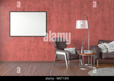 Blank horizontal poster on red concrete wall in interior of living room with brown leather sofa and armchair, carpet, floor lamp and coffee table on h Stock Photo