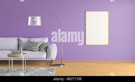 Blank vertical poster on violet wall in interior of living room with pink leather couch, carpet, floor lamp and coffee table on hardwood flooring. 3d Stock Photo