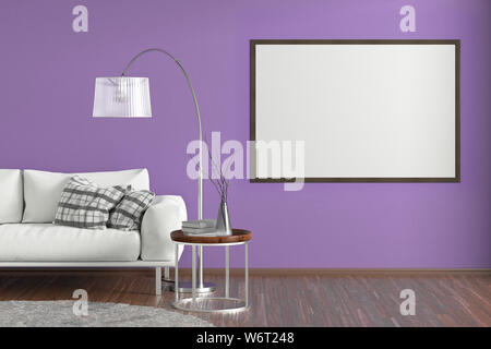 Blank horizontal poster on violet wall in interior of living room with white leather couch, carpet, floor lamp and coffee table on hardwood flooring. Stock Photo