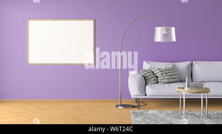 Blank horizontal poster on violet wall in interior of living room with pink leather couch, carpet, floor lamp and coffee table on hardwood flooring. 3 Stock Photo