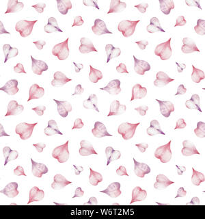 Watercolor seamless romantic pattern of heart-shaped pink flower petals isolated on white background. Stock Photo