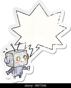 cute cartoon surprised robot with speech bubble distressed distressed old sticker Stock Vector