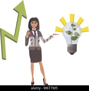Beatifull businesswoman pointing to successfull idea from lamp with growing green plant and arrow araising up. Vector illustration for successfull bus Stock Vector