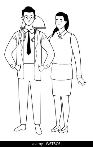 Professionals workers couple smiling cartoons in black and white Stock Vector
