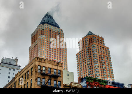 New York City, USA, May 2019, view of the top part of One & two Worldwide Plaza buildings in Hell's Kitchen, Manhattan Stock Photo