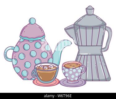 Coffee pot maker and cups design, Drink breakfast beverage bakery restaurant and shop theme Vector illustration Stock Vector