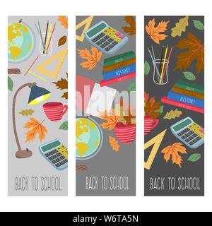 Back to school. Cute flat vector set vertical banners with stationery,autumn leaves, books and other Stock Vector
