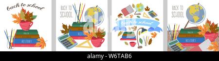 Back to school Cute set vector illustrations for a poster, banner or card with stationery, books, pencil, ruler, calculator and autumn leaves Stock Vector