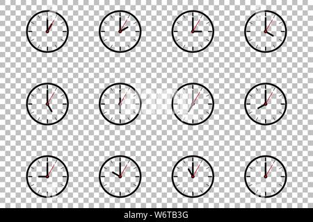 Clock flat icon design template isolated illustration on transparent background, Black, White and red clock icon vector illustration. Stock Vector