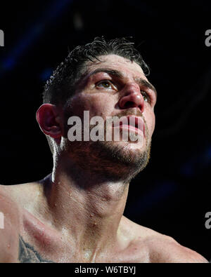 LIVERPOOL, UNITED KINGDOM. 2nd Aug, 2019. Brian Rose gave interview to the media after the boxing match between Anthony Fowler vs Brian Rose - Vacant WBO Intercontinental Middleweight Championship at Exhibition Centre on Friday, August 02, 2019 in LIVERPOOL UNITED KINGDOM.  (Editorial use only, license required for commercial use. No use in betting, games or a single club/league/player publications.) Credit: Taka G Wu/Alamy Live News Stock Photo