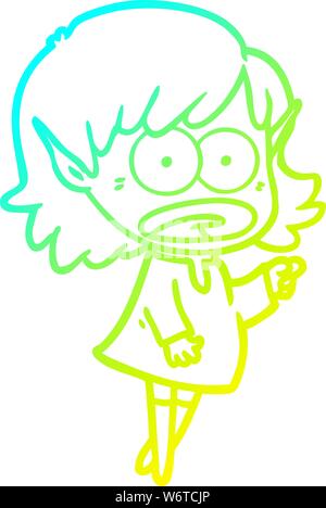 cold gradient line drawing of a cartoon shocked elf girl pointing Stock Vector