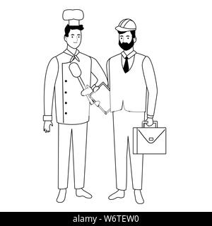 Professionals workers couple smiling cartoons in black and white Stock Vector