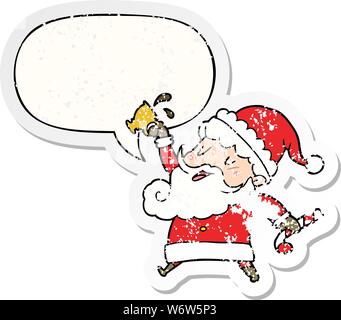 cartoon santa claus with hot cocoa with speech bubble distressed distressed old sticker Stock Vector