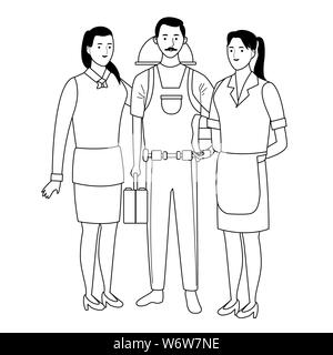 Professionals workers characters smiling cartoons in black and white Stock Vector