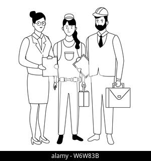 Professionals workers characters smiling cartoons in black and white Stock Vector