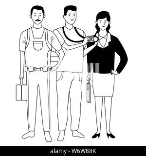 Professionals workers characters smiling cartoons in black and white Stock Vector