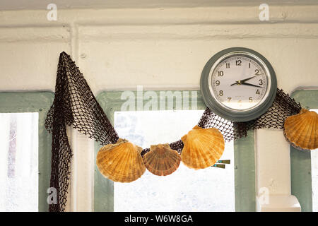 Big Scallop Shells In A Fishing Net As A Wall Decoration Stock