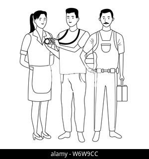 Professionals workers characters smiling cartoons in black and white Stock Vector