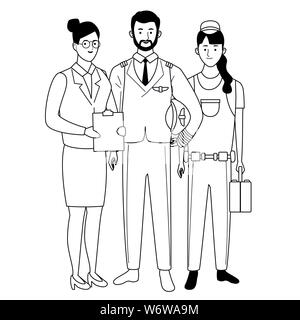 Professionals workers characters smiling cartoons in black and white Stock Vector