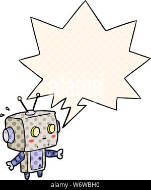 cute cartoon surprised robot with speech bubble in comic book style Stock Vector