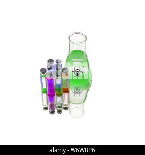 Flasks of biohazard substance isolated on white background. Poison, danger symbol. Chemical experiment. Medical illustration. Biohazard icon. Scientif Stock Photo