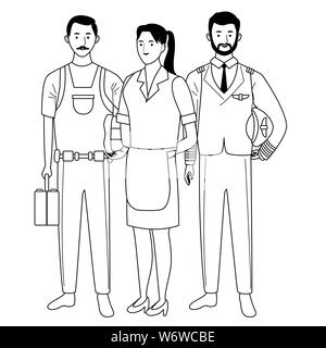 Professionals workers characters smiling cartoons in black and white Stock Vector