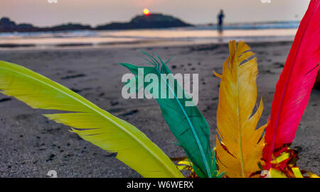 representing love and peace Colourful feathers on the beach with sunset in background fresh trending concept Stock Photo