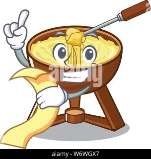 With menu fondue cheese served in cartoon bowl Stock Vector