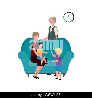 cute grandparents couple with little kids in the sofa Stock Vector