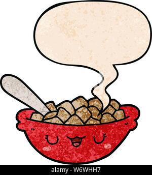cute cartoon bowl of cereal with speech bubble in retro texture style ...