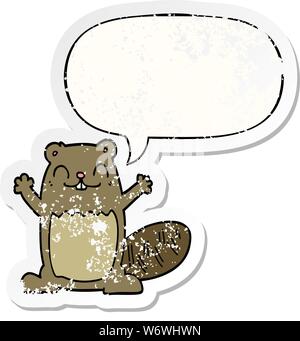 cartoon beaver with speech bubble distressed distressed old sticker Stock Vector