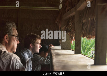 Birdwatchers in a blind at a clay lick, Tambopata River, Peruvian Amazon