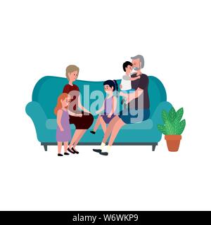 cute grandparents couple with little kids in the sofa Stock Vector