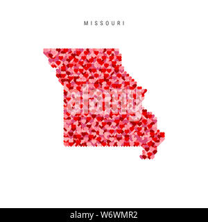 I Love Missouri. Red and Pink Hearts Pattern Map of Missouri Isolated on White Background. Stock Photo