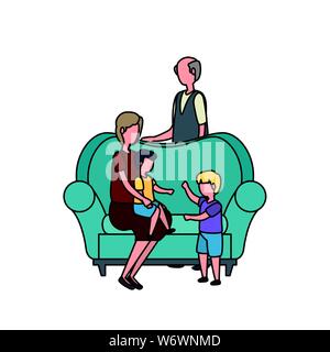 cute grandparents couple with little kids in the sofa Stock Vector