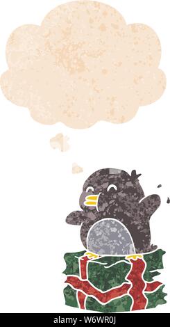 cartoon penguin on present with thought bubble in grunge distressed retro textured style Stock Vector