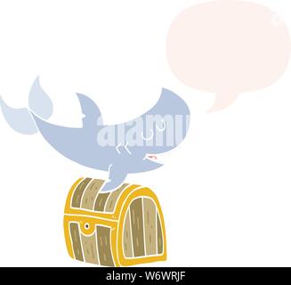 cartoon shark swimming over treasure chest with speech bubble in retro style Stock Vector