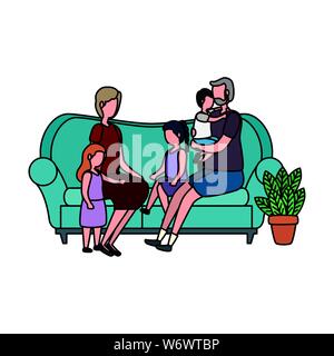 cute grandparents couple with little kids in the sofa Stock Vector