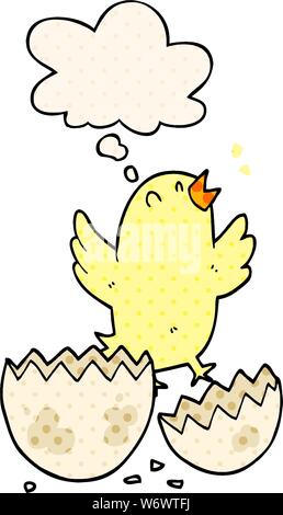 cartoon bird hatching from egg with thought bubble in comic book style Stock Vector