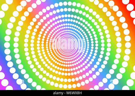 Circular white round dots pattern on colorful texture background, gradient rainbow colors, used LGBT or LGBTQ pride flag colors, vector illustration. Stock Vector