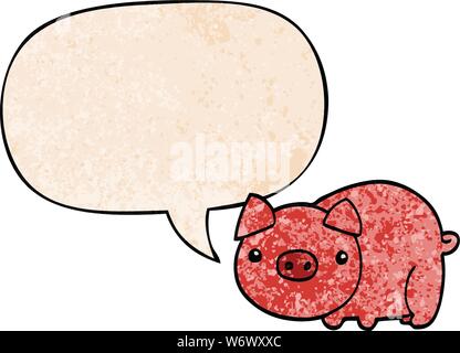 cartoon pig with speech bubble in retro texture style Stock Vector