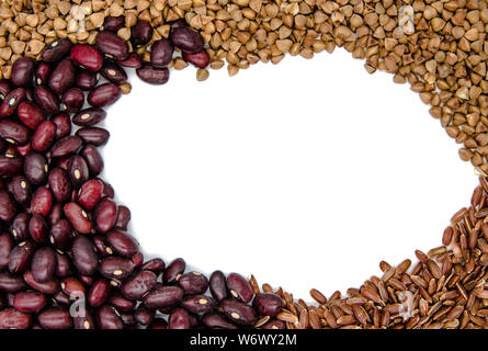 red beans, brown ruby rice and buckwheat on a white background with copy space Stock Photo