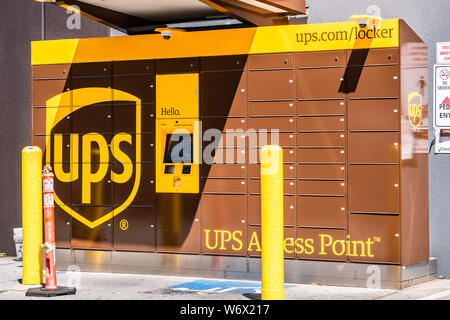 July 30, 2019 Menlo park / CA / USA - UPS locker available 24 hours for package pick-up in San Francisco bay area; UPS has expanded the number of lock Stock Photo