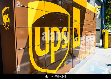 July 30, 2019 Menlo park / CA / USA - UPS locker available 24 hours for package pick-up in San Francisco bay area; UPS has expanded the number of lock Stock Photo